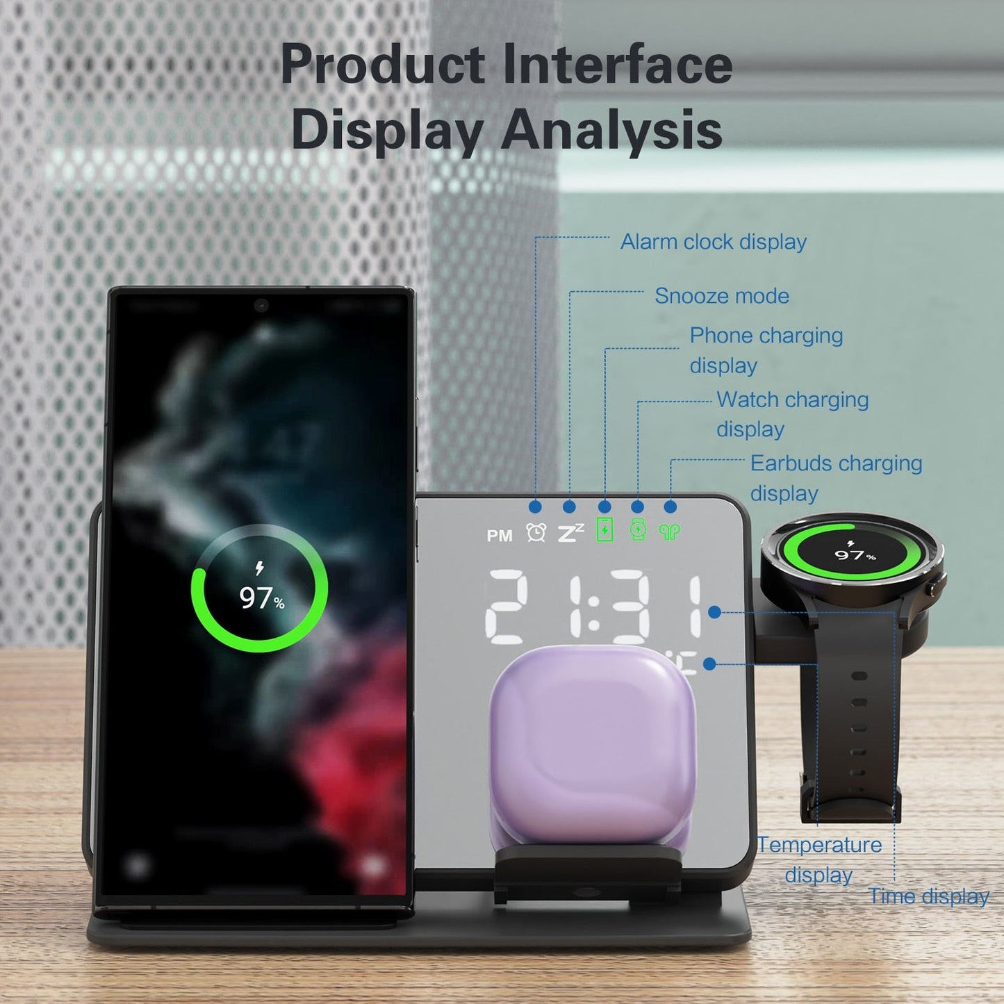 4 in 1 Wireless Charger for Samsung Galaxy S23 S22 Ultra Fast Charging Dock Station for Galaxy Watch 5 Pro Buds LED Alarm Clock